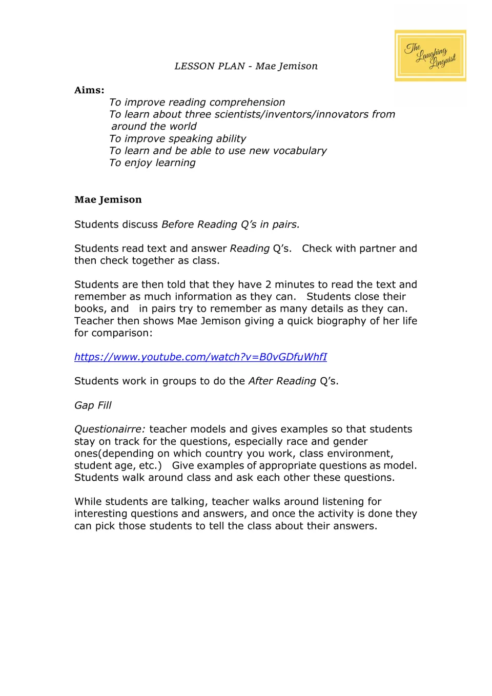 Mae Jemison lesson plan guides paired reading, timed recall, a biography video, discussion, and a questionnaire