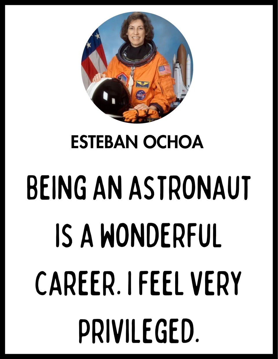 Poster labeled Esteban Ochoa, photo of an astronaut in an orange suit: 'Being an astronaut is a wonderful career.'