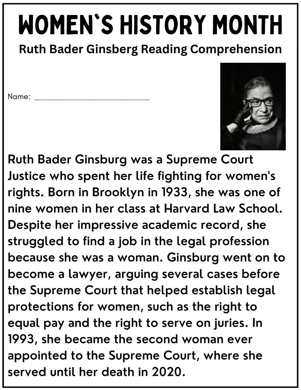 Ruth Bader Ginsburg biography passage with her photo: students read about Harvard Law, equal pay and Supreme Court years