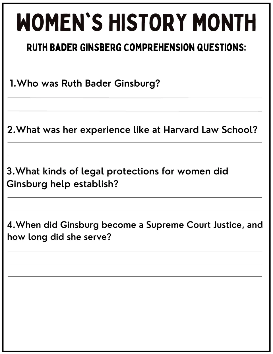 Ginsburg comprehension questions: students write answers to 4 questions on her life, Harvard Law and her court career