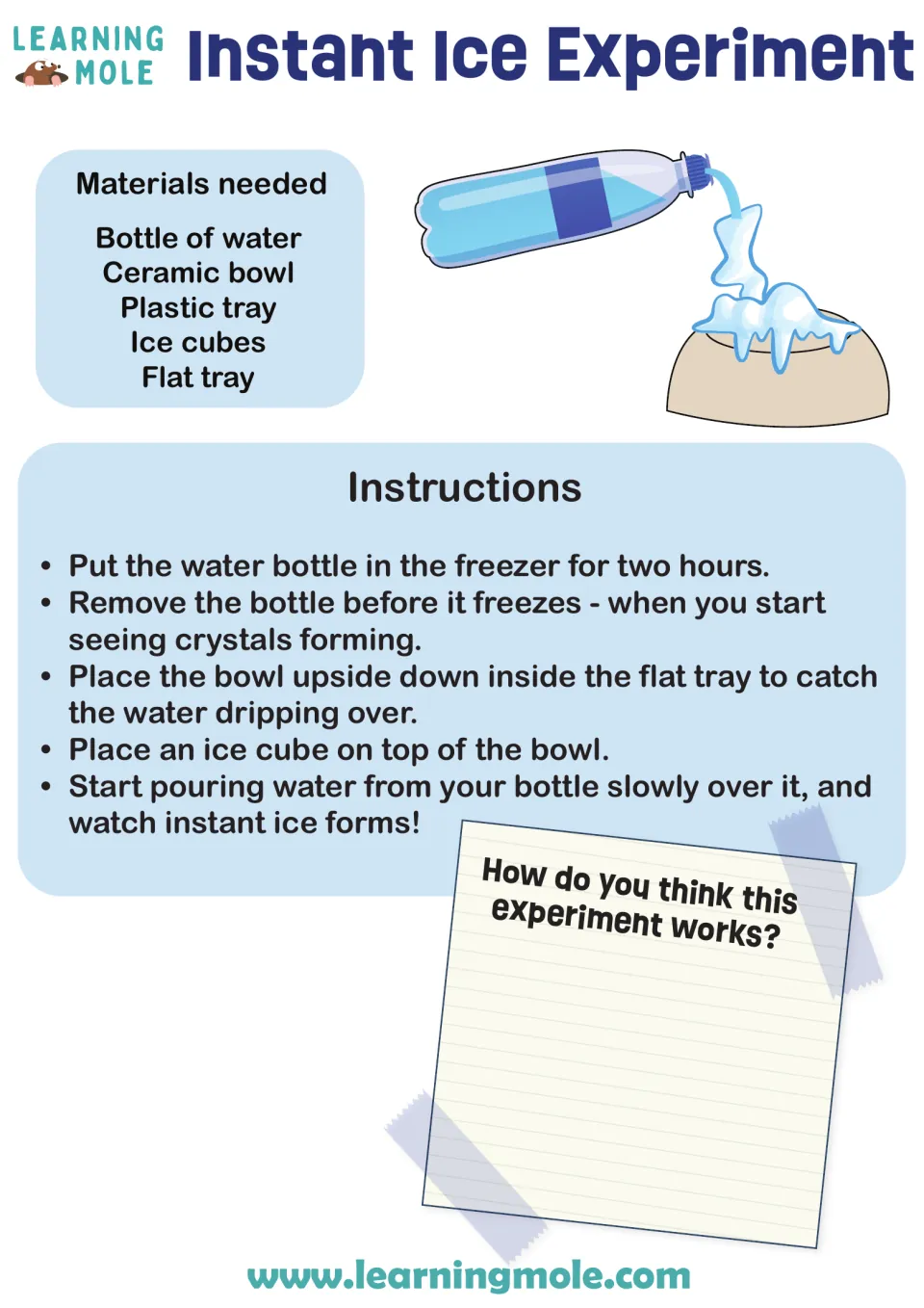 Instant ice experiment: students chill water, pour it onto an ice cube on an upside-down bowl, then explain how it works