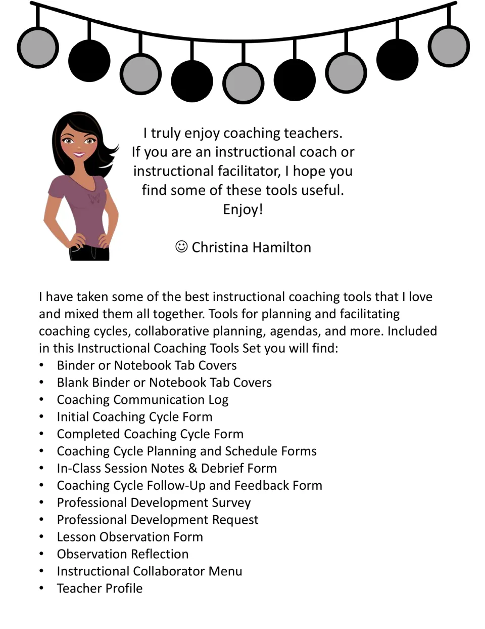 Introduction and contents list for coaches: binder covers, coaching cycle forms, surveys, and observation tools