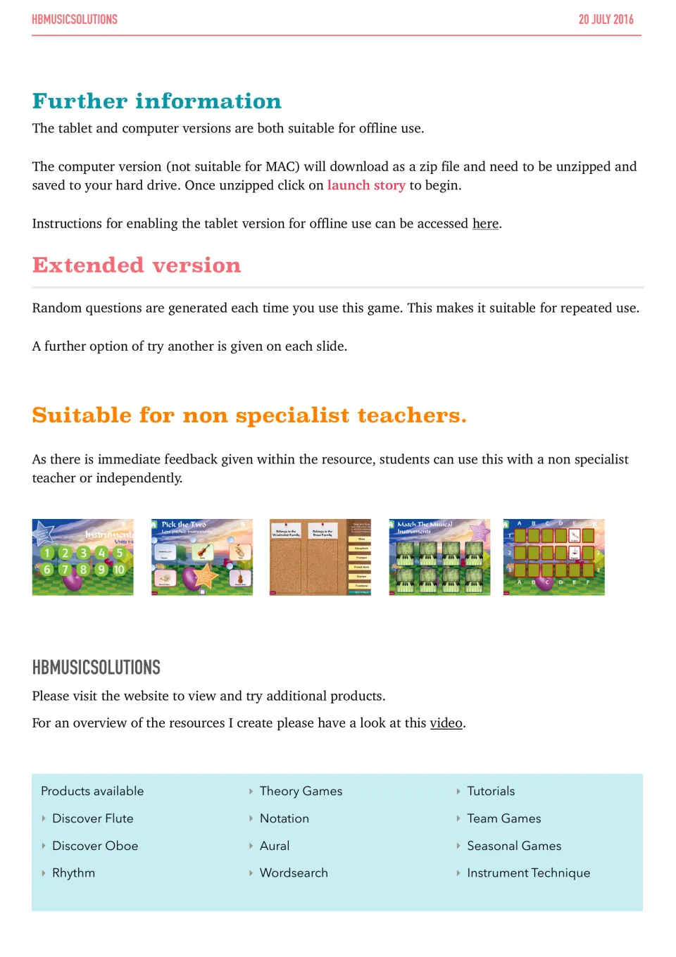Game setup notes on offline use and random questions, with screenshots of pitch, sorting and matching-pairs slides