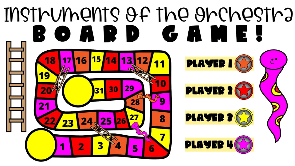 Opening slide for Instruments of the Orchestra Board Game, showing spaces 1–31 and four player labels