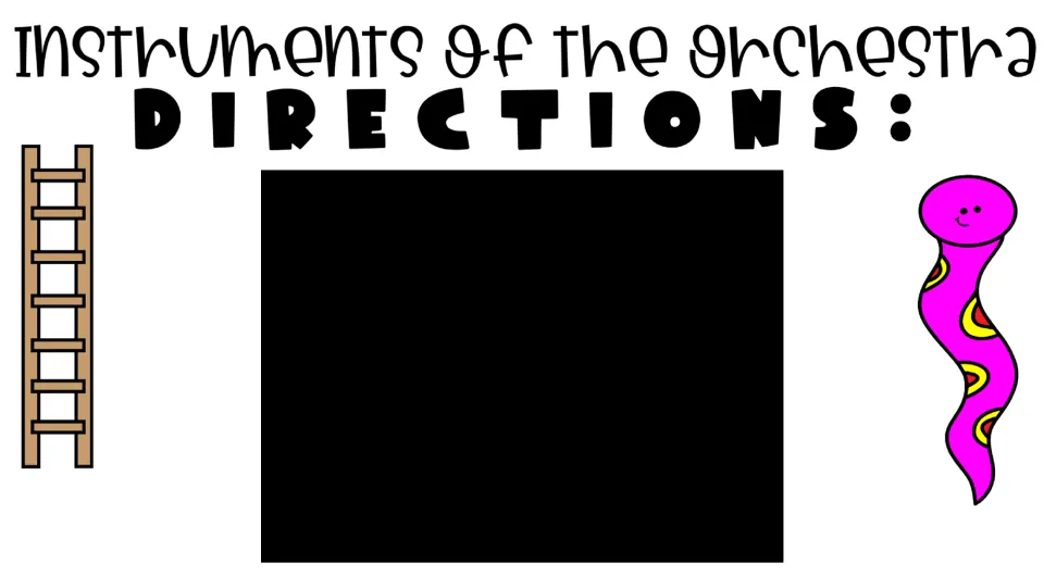 Game directions page with a ladder and snake on either side of a large solid black panel where the rules would go