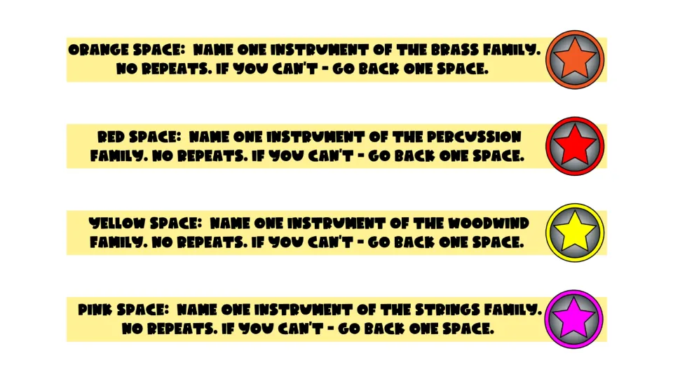 Game rules: orange means brass, red percussion, yellow woodwinds, and pink strings; name instruments without repeats