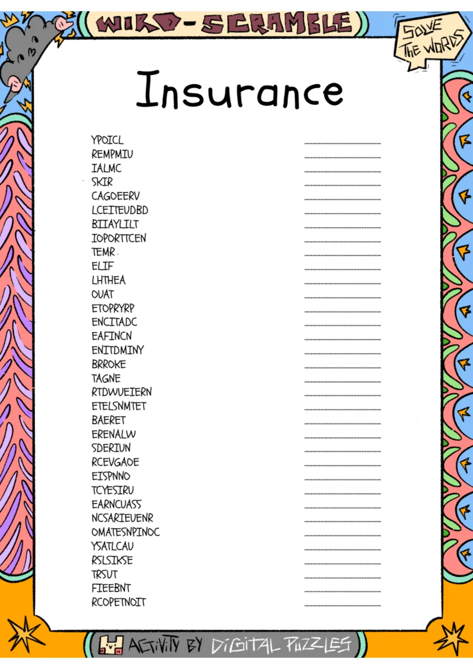 Insurance word scramble: students unscramble 34 words such as YPOICL and REMPMIU and write each solved term