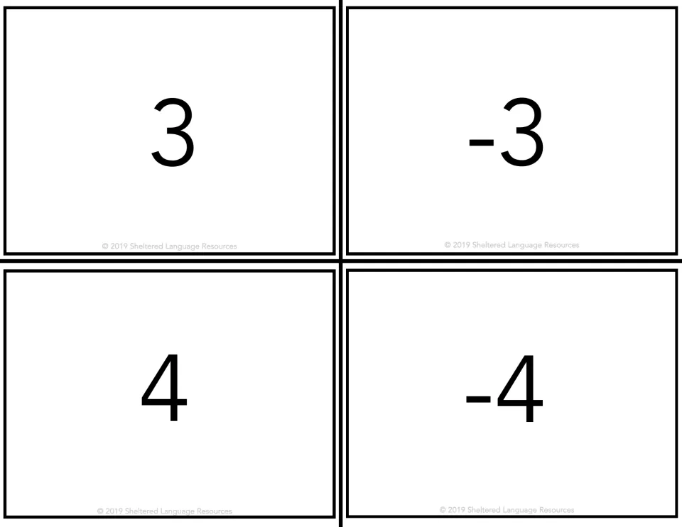 Number cards for 3, -3, 4 and -4, used to pair each positive integer with its negative opposite in a matching game