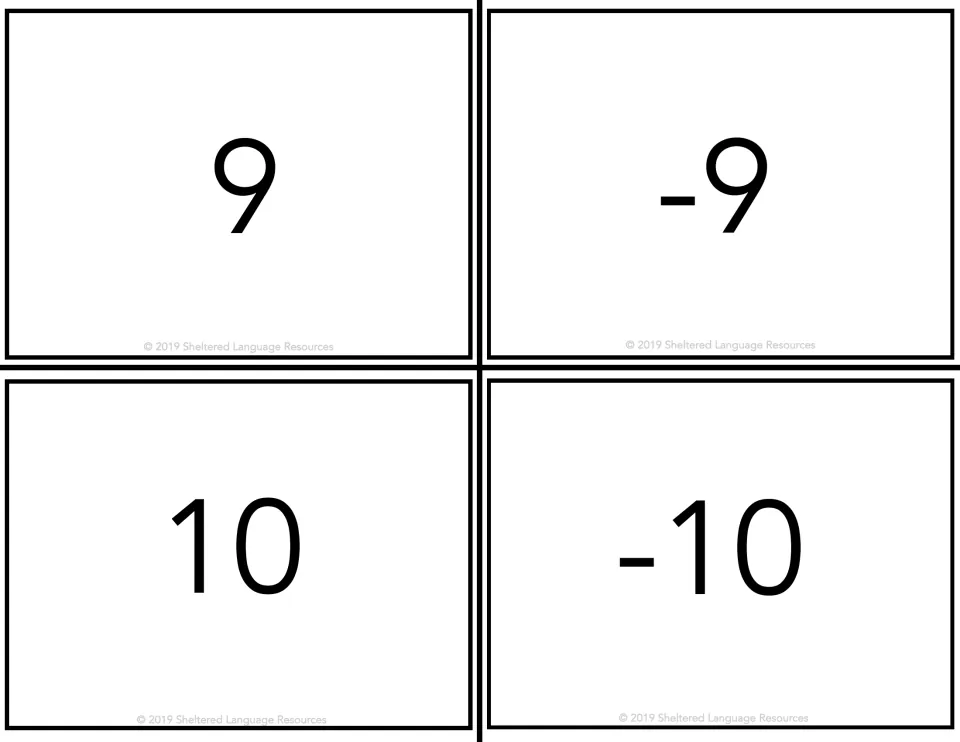 Positive and negative cards for 9, -9, 10 and -10; students compare values and order themselves from least to greatest