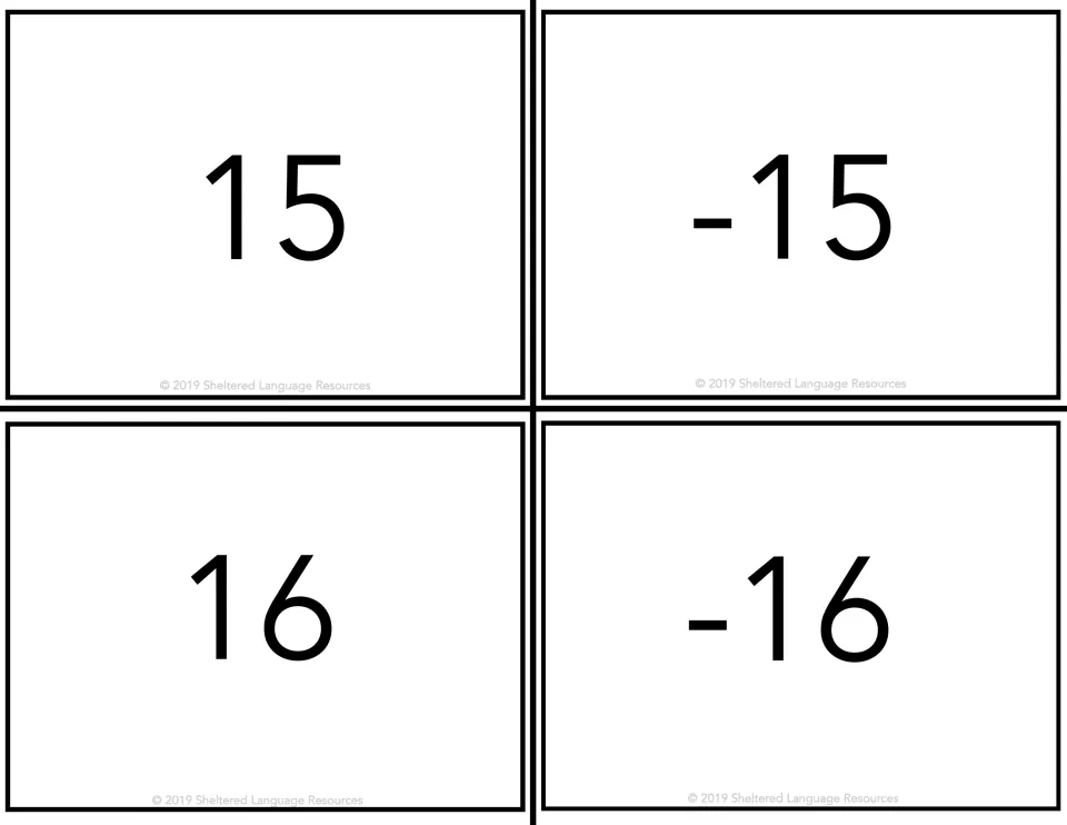 Cards with 15, -15, 16 and -16 for pairing a positive and a negative value that sit equally far from zero on a number line