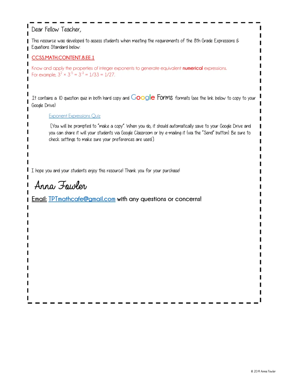 Teacher letter on integer exponent properties: notes a 10-question quiz in print and Google Forms, with copy steps