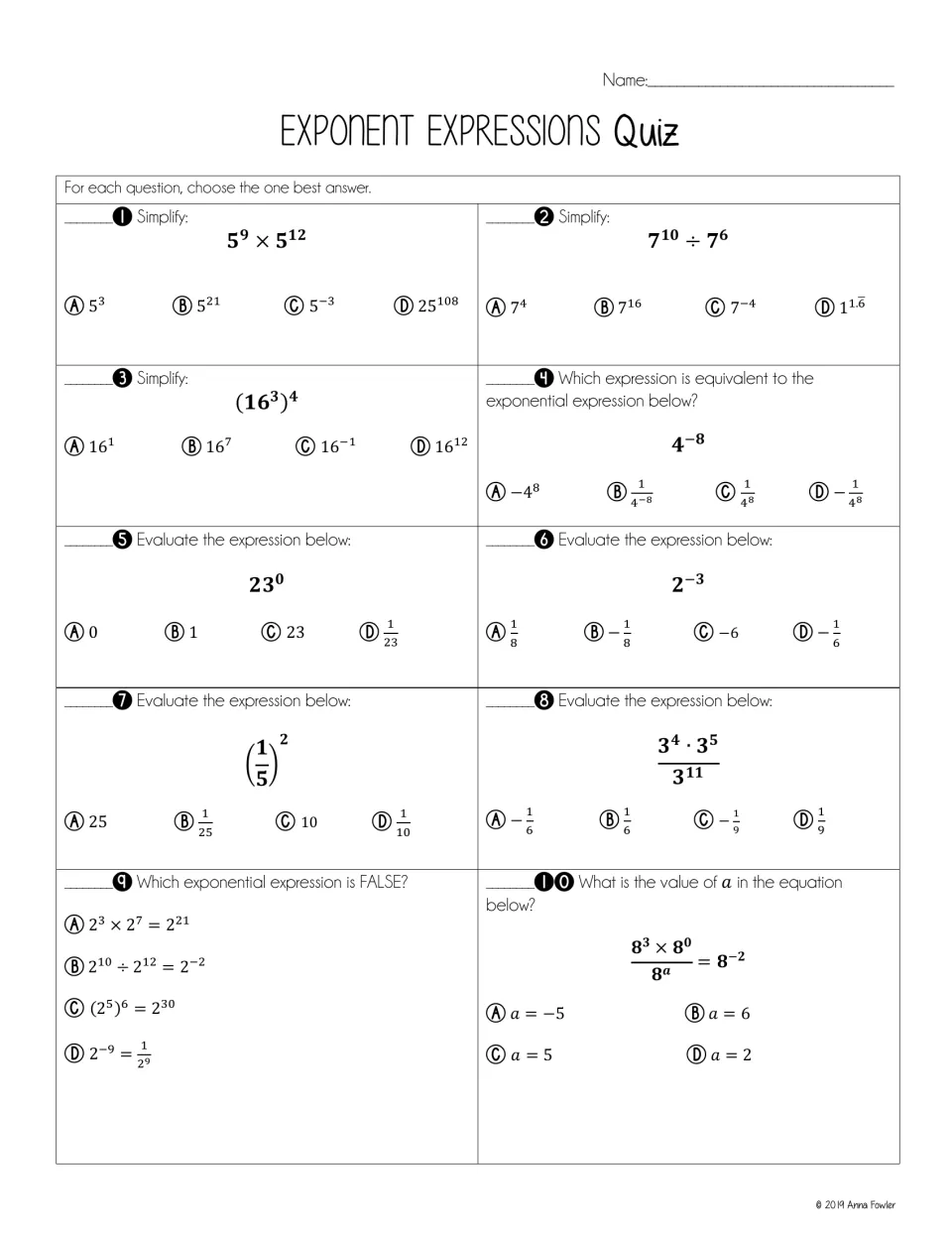 Exponent rules quiz: students choose best answer for 10 items on products, quotients, powers, zero and negative exponents