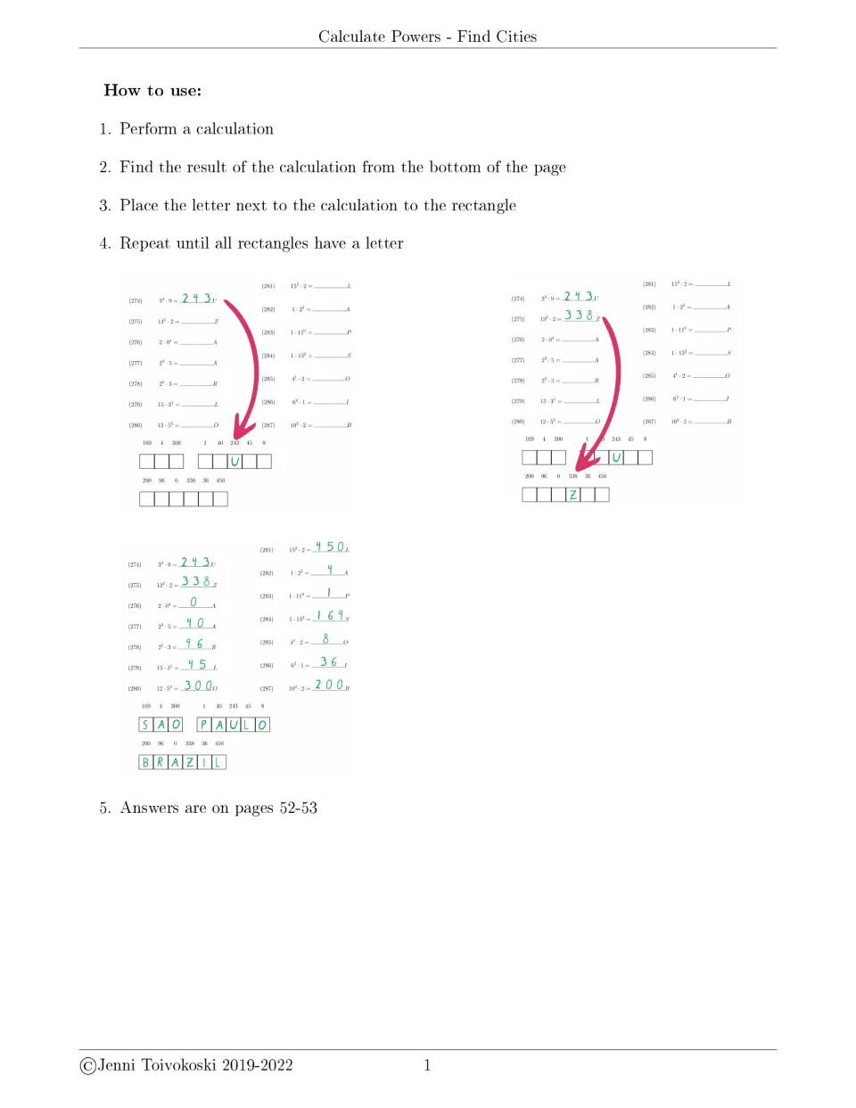 Calculate Powers - Find Cities directions: solve, match each result to a letter and fill boxes, shown with a worked example
