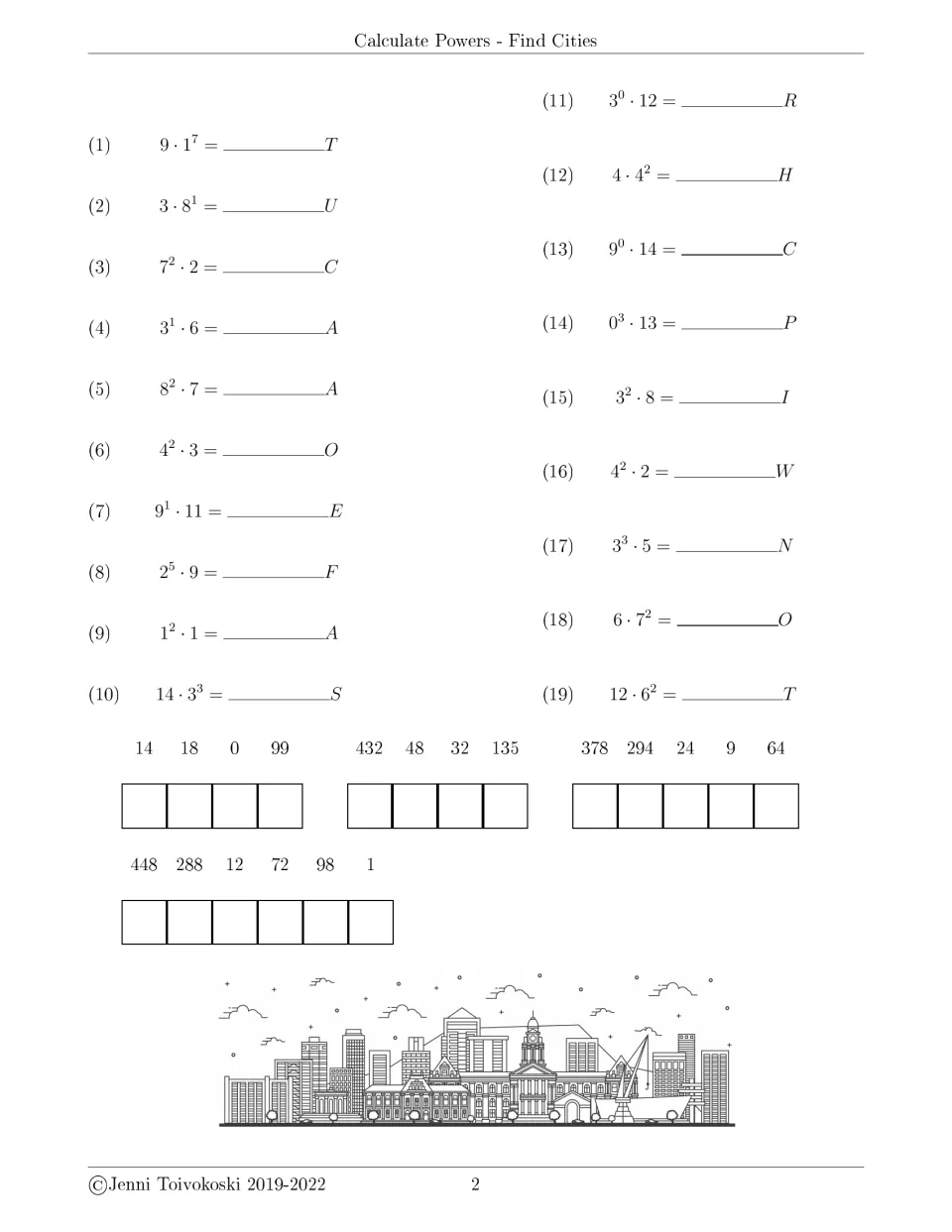 Powers times a number, problems 1-19 such as 7^2 · 2: students evaluate each and decode letters into a mystery city name