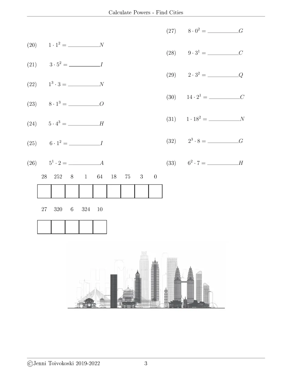 Exponent products, problems 20-33 including zero bases like 8 · 0^2: students compute and spell a hidden city of 14 letters