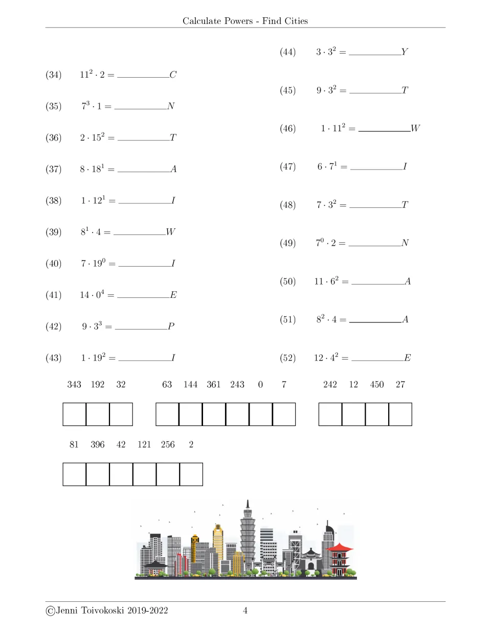 Problems 34-52 multiply powers like 11^2 · 2 and 7^0 · 2; students match each answer to its letter to reveal a city name