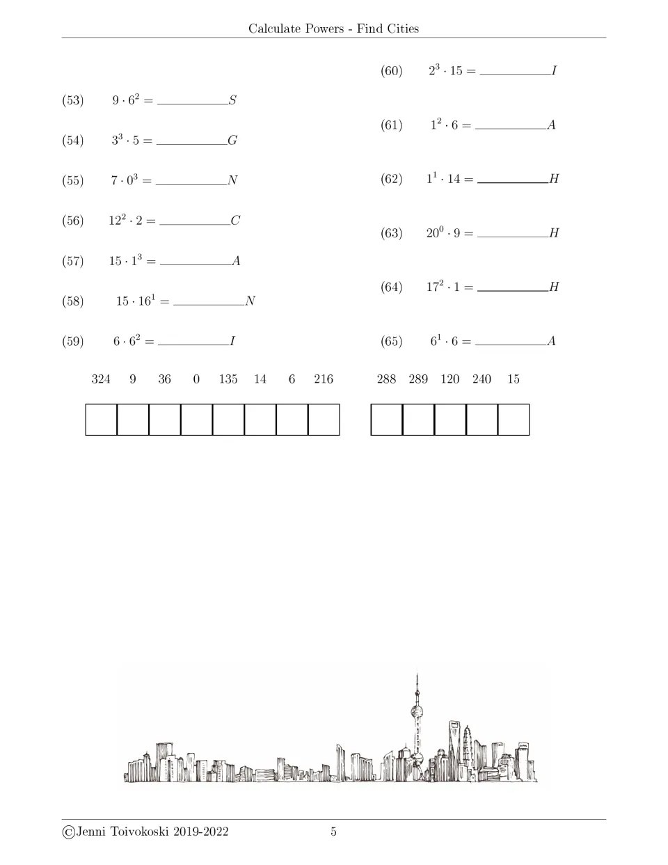 Thirteen power problems, 53-65, such as 9 · 6^2 and 20^0 · 9; students find each value and fill letters to spell a city