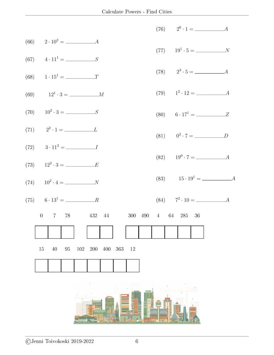 Problems 66-84 evaluate expressions like 2 · 10^2 and 2^6 · 1; students decode the results into a mystery city of 4 words