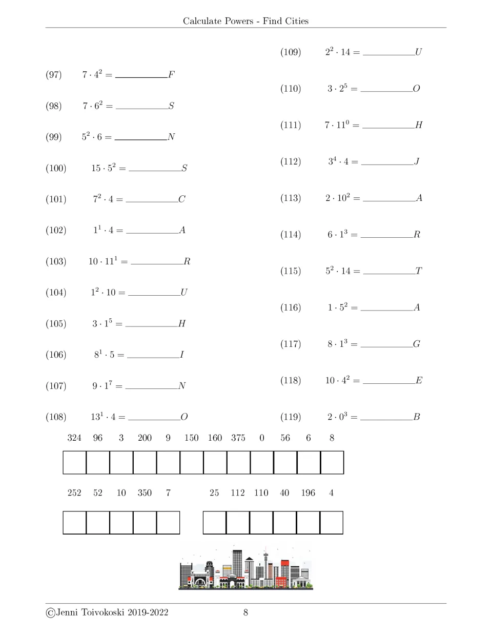Exponent set, problems 97-119, with powers like 3^4 · 4 and 7 · 11^0: students calculate and decode a 3-word city answer