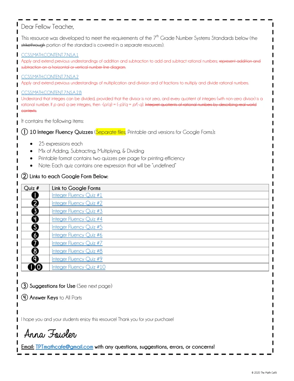Teacher letter listing contents: 10 quizzes of 25 mixed integer expressions, Google Form links per quiz, answer keys