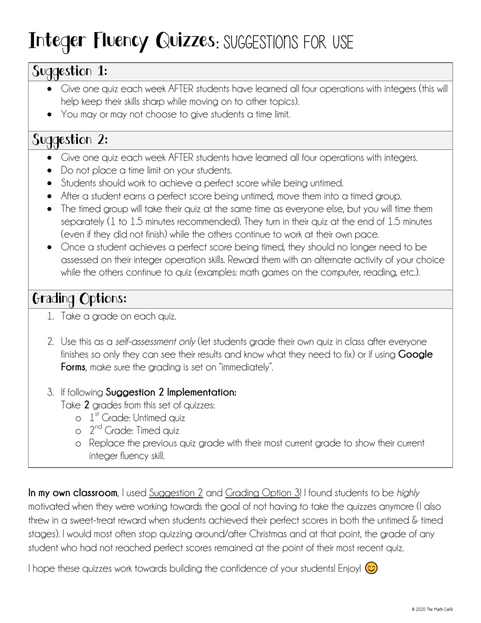 Suggestions for use: weekly quiz plans with untimed and timed groups, plus three grading options including self-assessment
