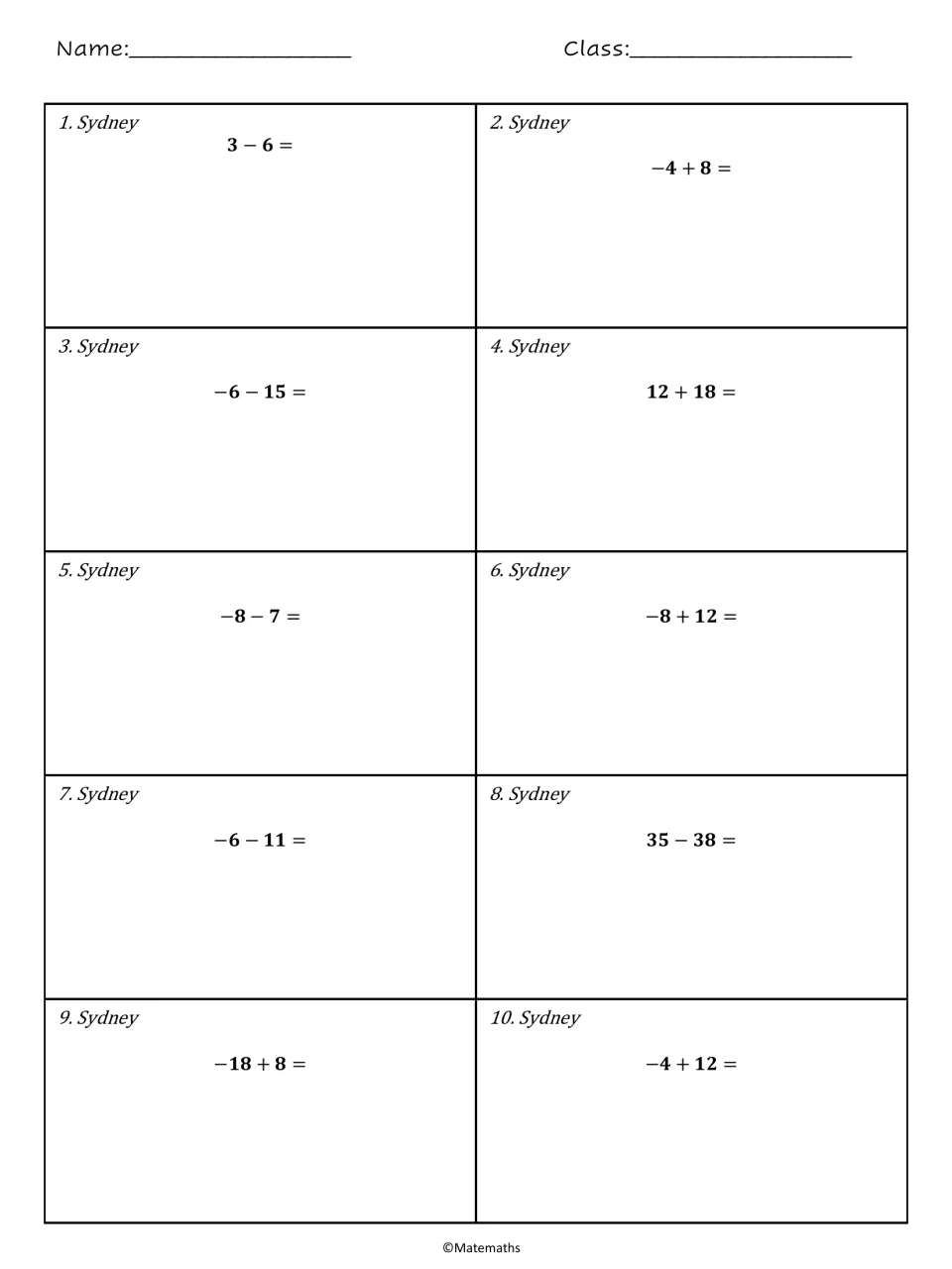 Sydney integer addition and subtraction: students solve 10 problems such as 3 - 6 and -4 + 8 with room to show work