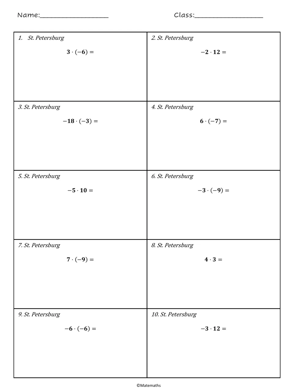 St. Petersburg integer multiplication: students find 10 products with negative factors, such as 3 · (-6) and -18 · (-3)