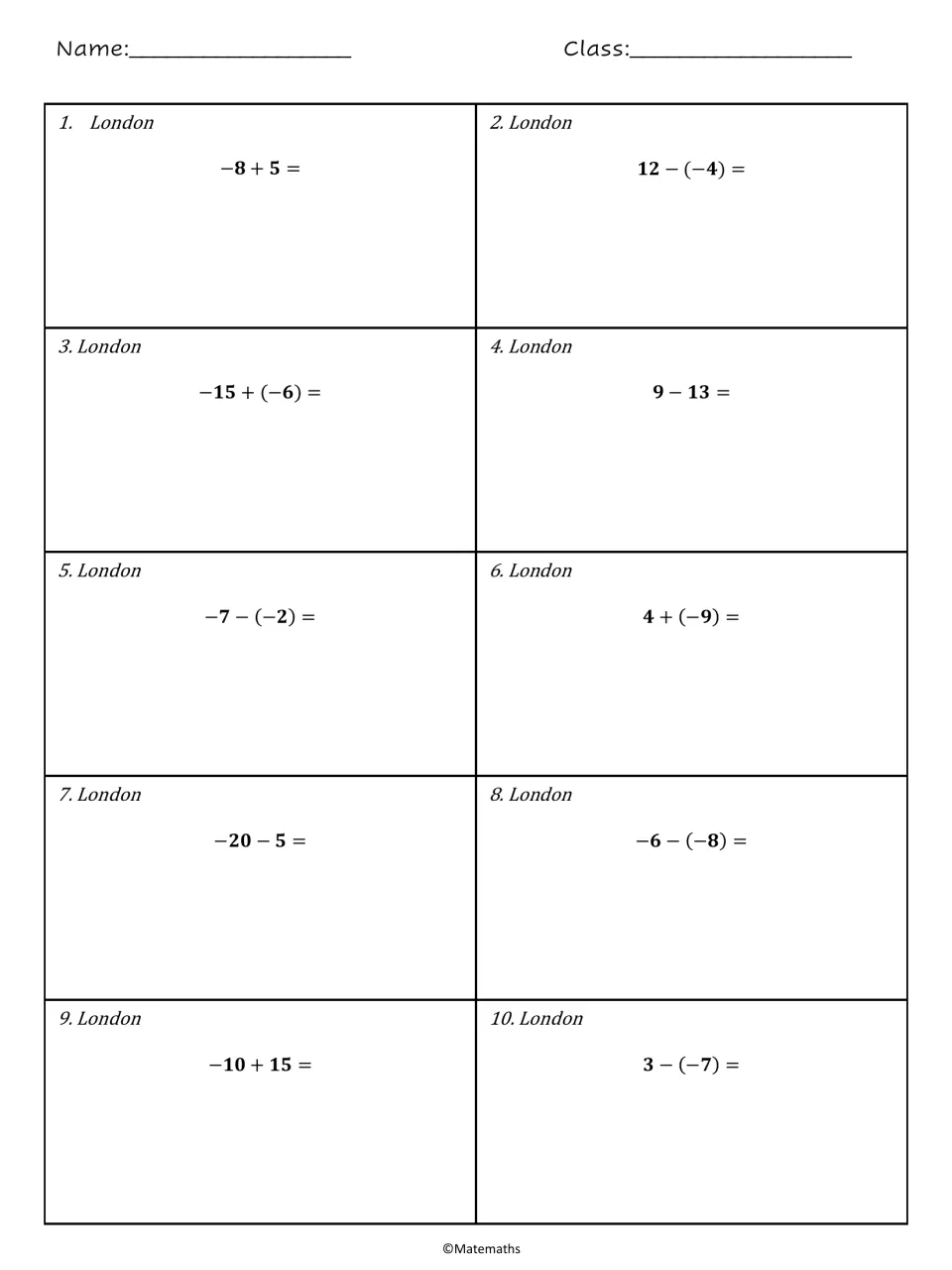 London set: students add and subtract integers, including subtracting negatives, in 10 items such as 12 - (-4)