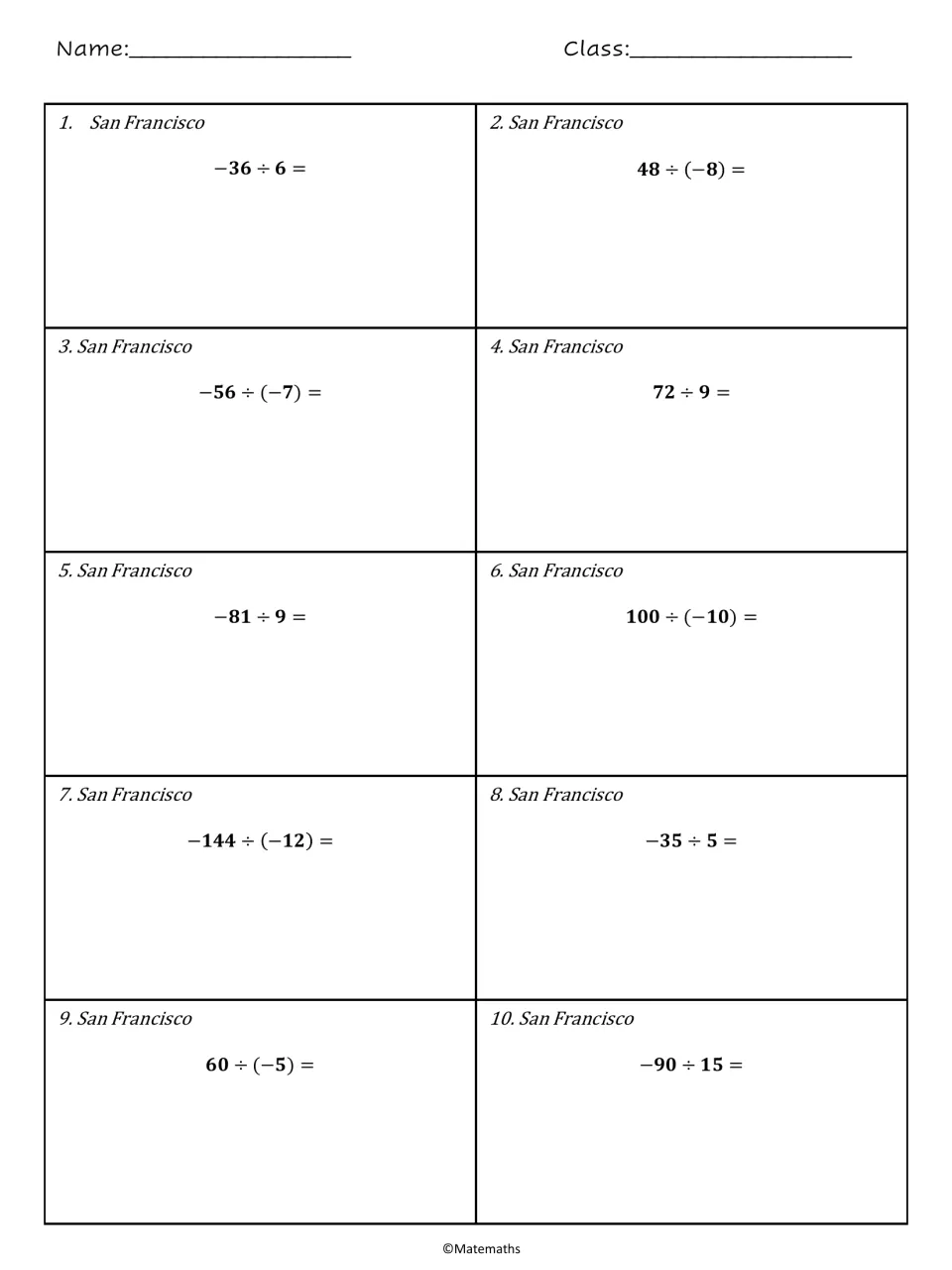 San Francisco integer division: students solve 10 quotients with negative numbers, such as -36 ÷ 6 and 48 ÷ (-8)