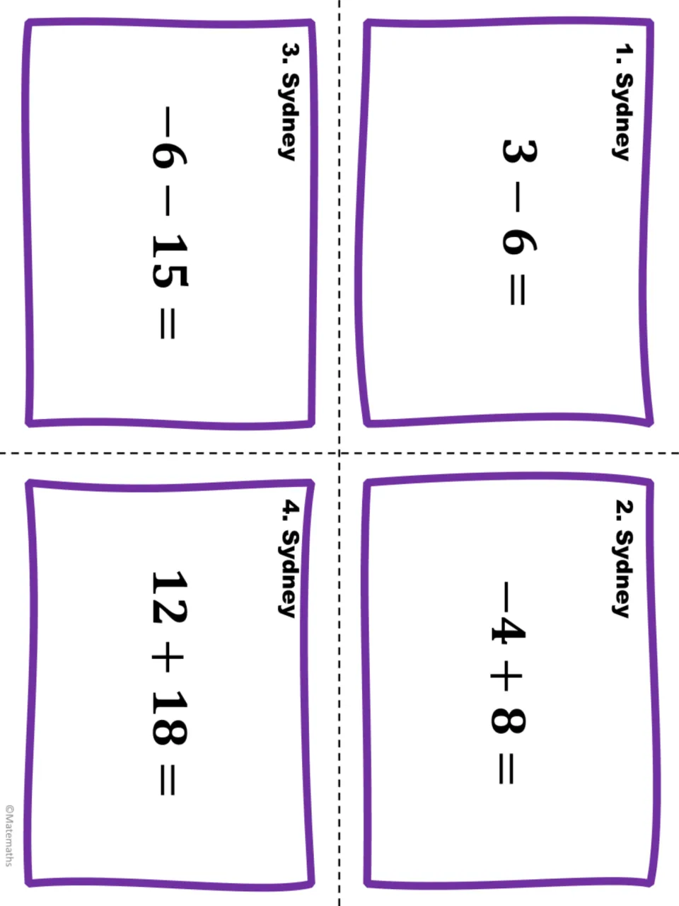 Sydney task cards 1-4: integer addition and subtraction problems 3 - 6, -4 + 8, -6 - 15 and 12 + 18 to cut apart