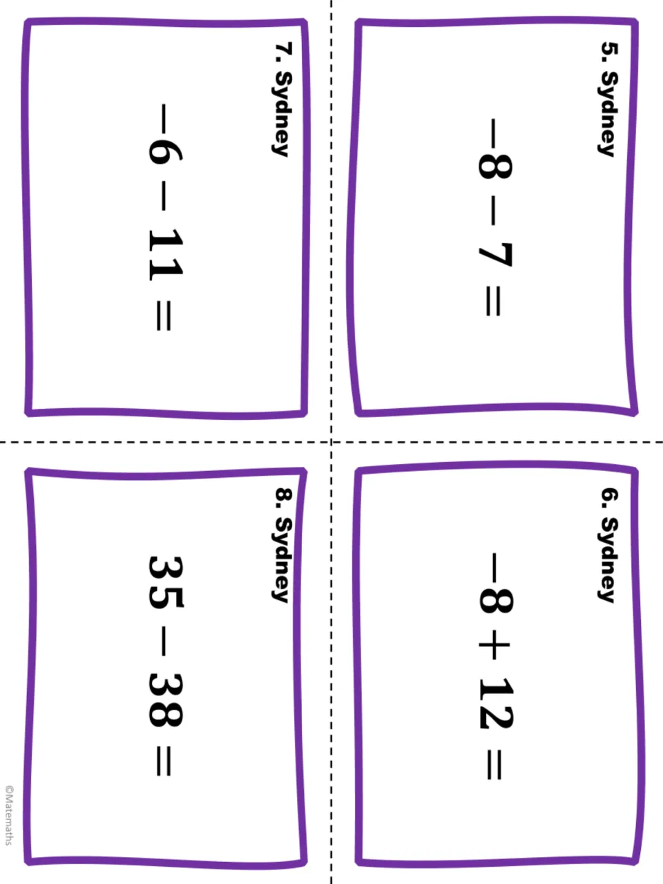 Sydney task cards 5-8 showing -8 - 7, -8 + 12, -6 - 11 and 35 - 38 for practising adding and subtracting integers