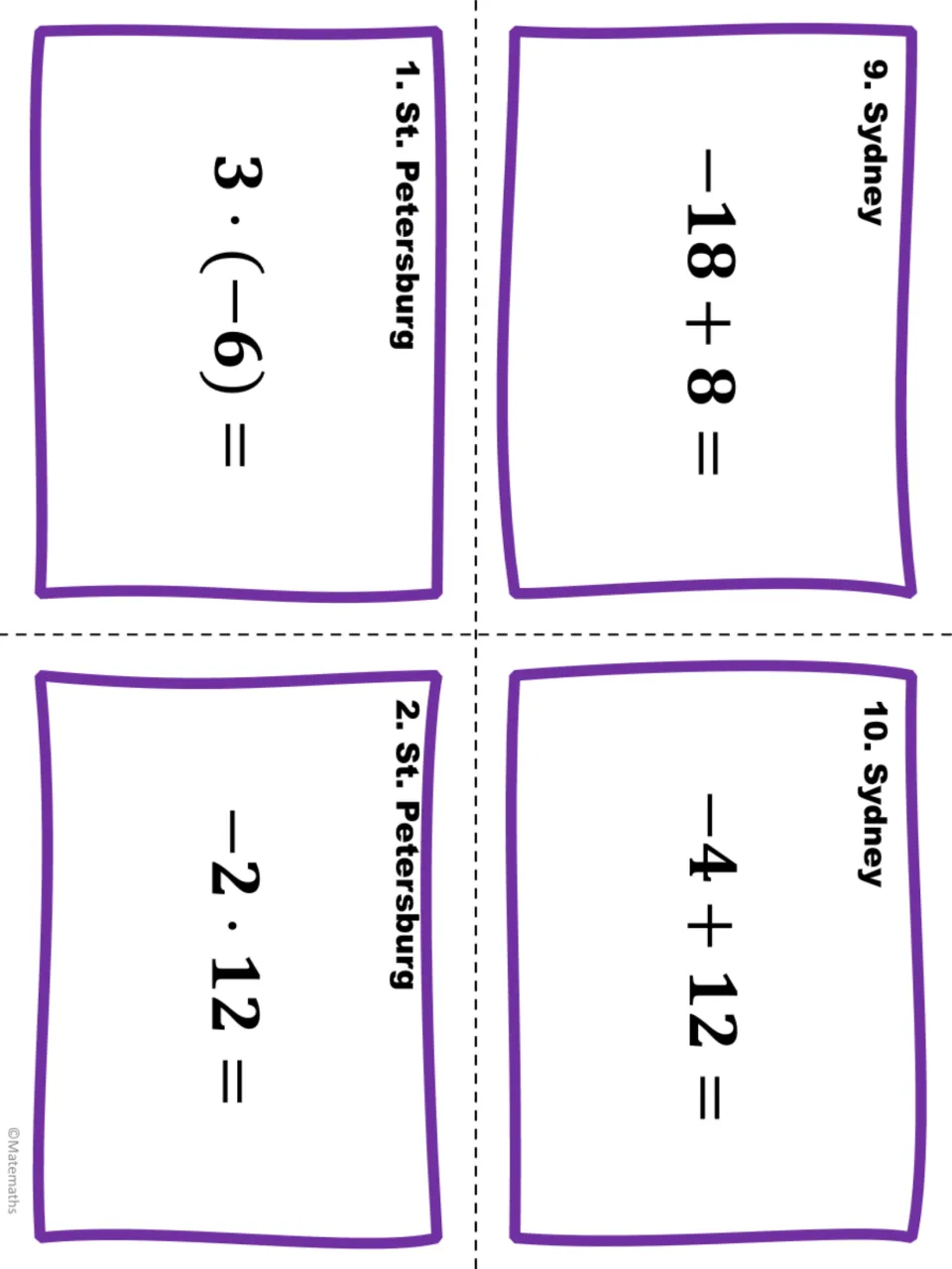 Mixed task cards: Sydney 9 and 10 (-18 + 8, -4 + 12) plus St. Petersburg 1 and 2 multiplying 3 · (-6) and -2 · 12