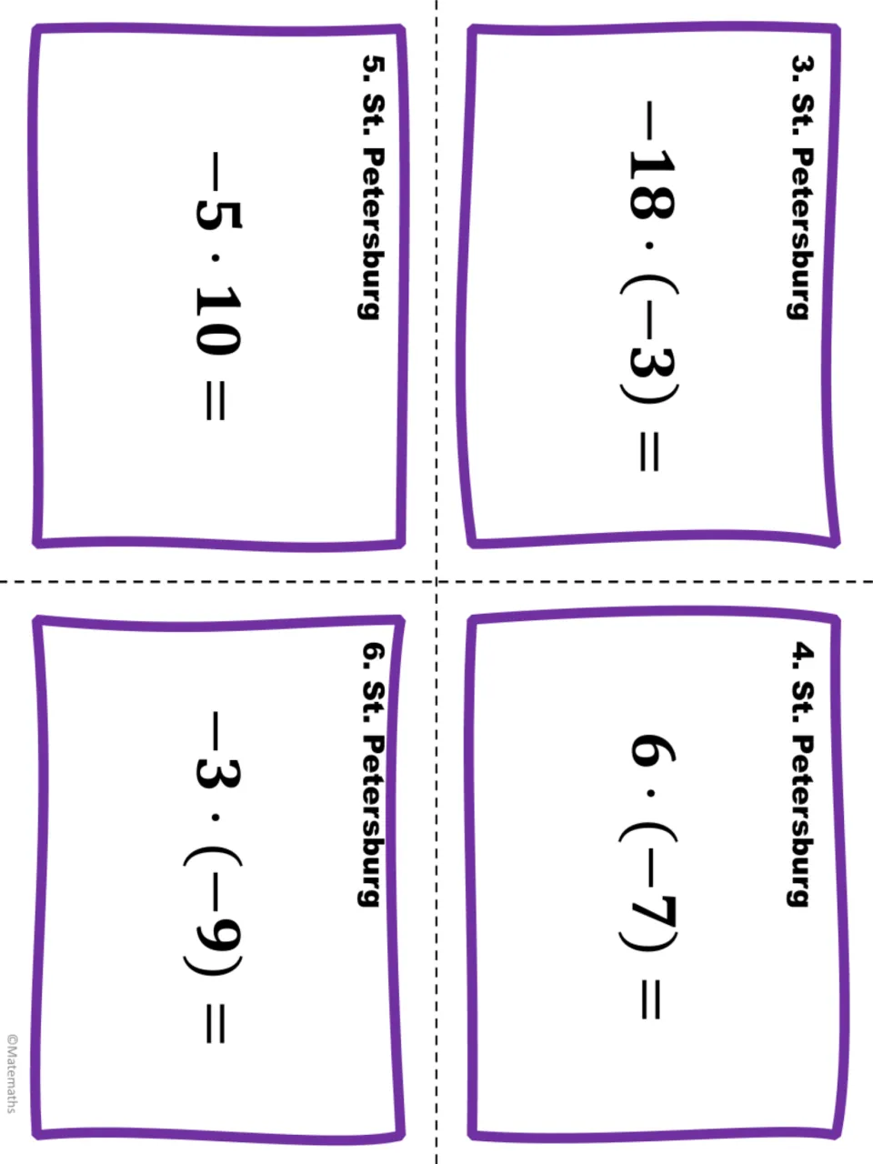 St. Petersburg task cards 3-6 for multiplying integers: -18 · (-3), 6 · (-7), -5 · 10 and -3 · (-9)