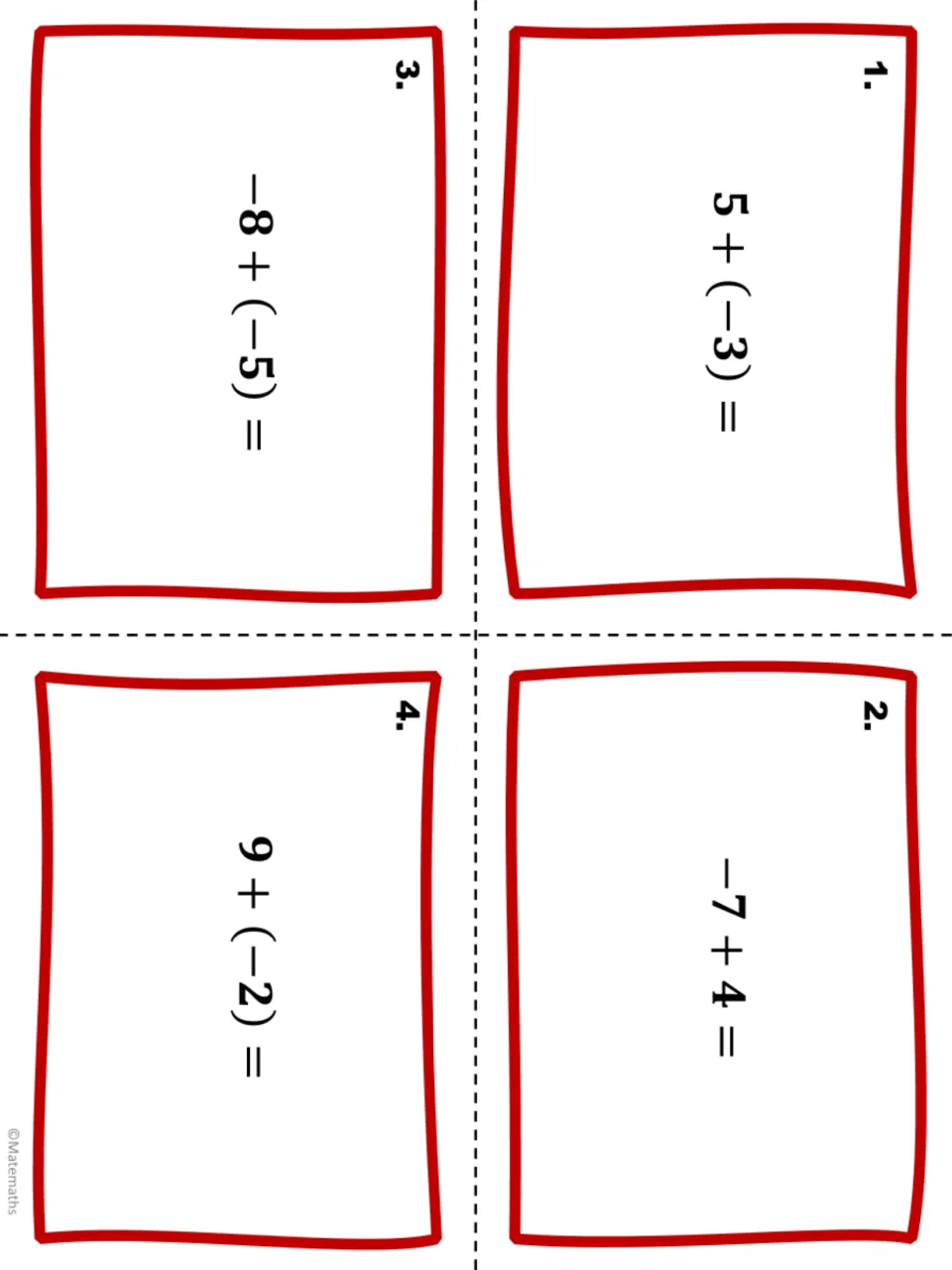 Integer task cards 1 to 4 to cut apart: 5 + (-3), -7 + 4, -8 + (-5) and 9 + (-2), adding positive and negative numbers