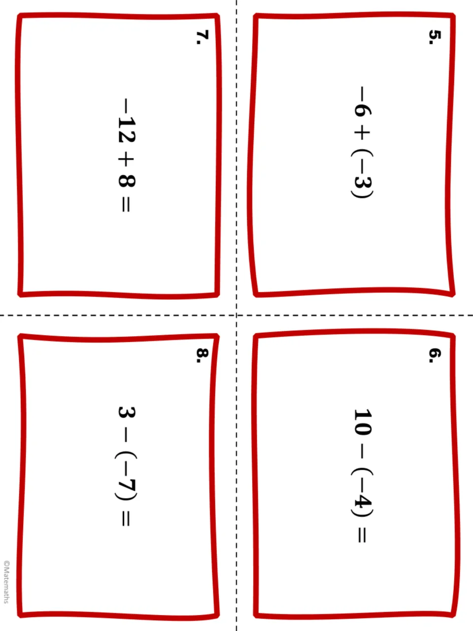 Integer task cards 5 to 8: -6 + (-3), 10 - (-4), -12 + 8 and 3 - (-7), mixing addition with subtracting negatives