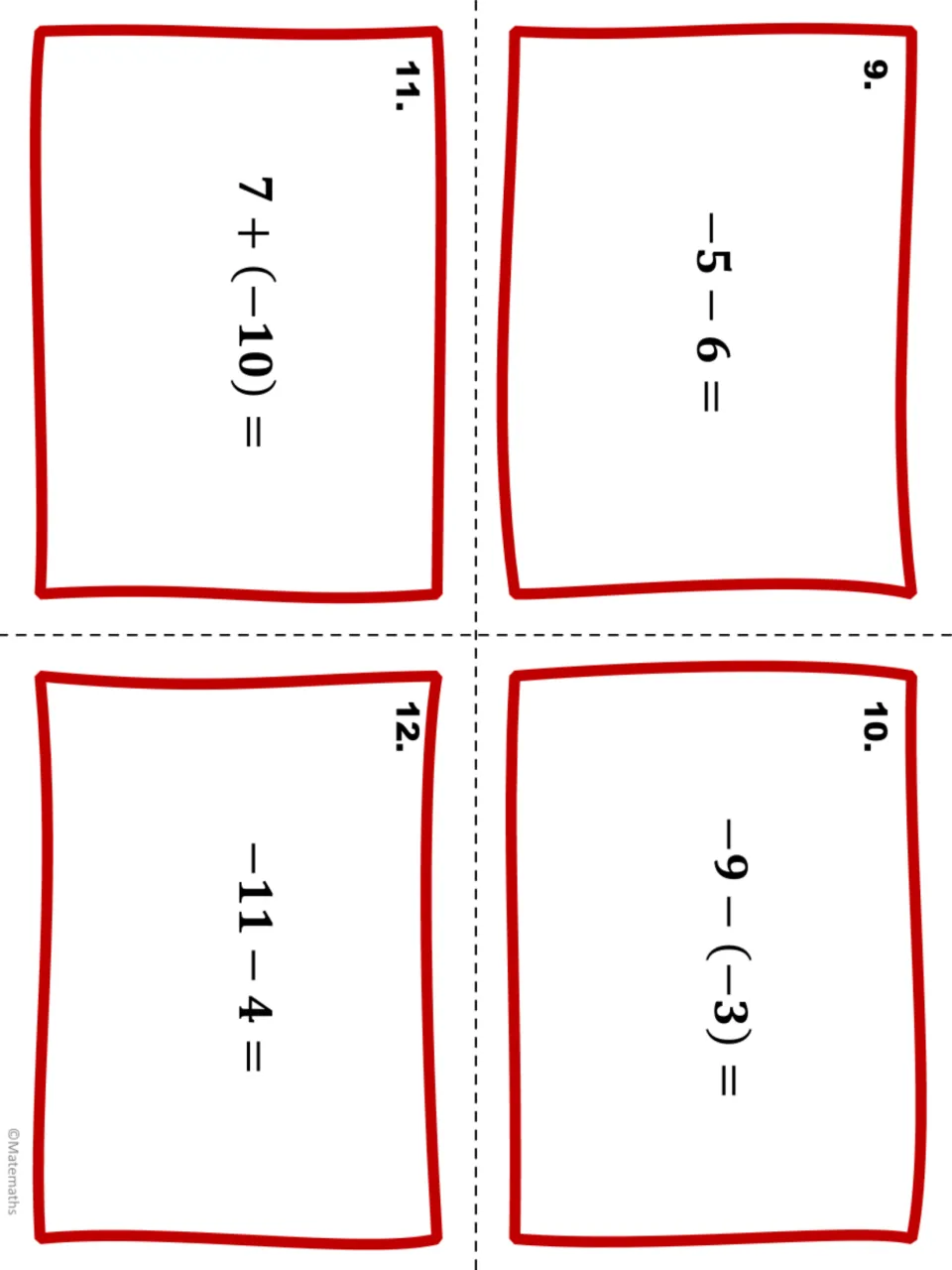 Integer task cards 9 to 12: -5 - 6, -9 - (-3), 7 + (-10) and -11 - 4, practising subtraction with negative numbers