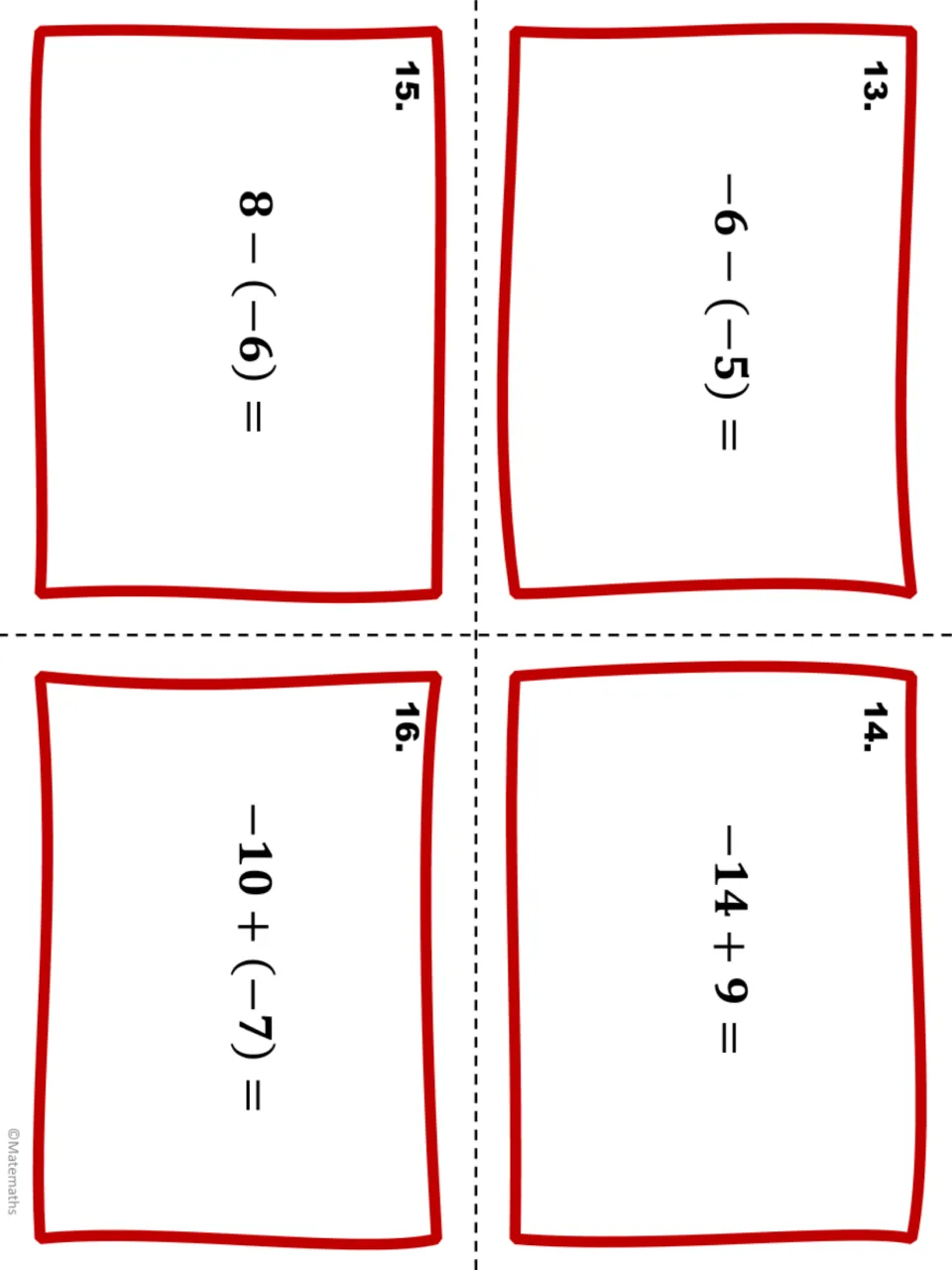 Integer task cards 13 to 16: -6 - (-5), -14 + 9, 8 - (-6) and -10 + (-7), adding and subtracting signed numbers