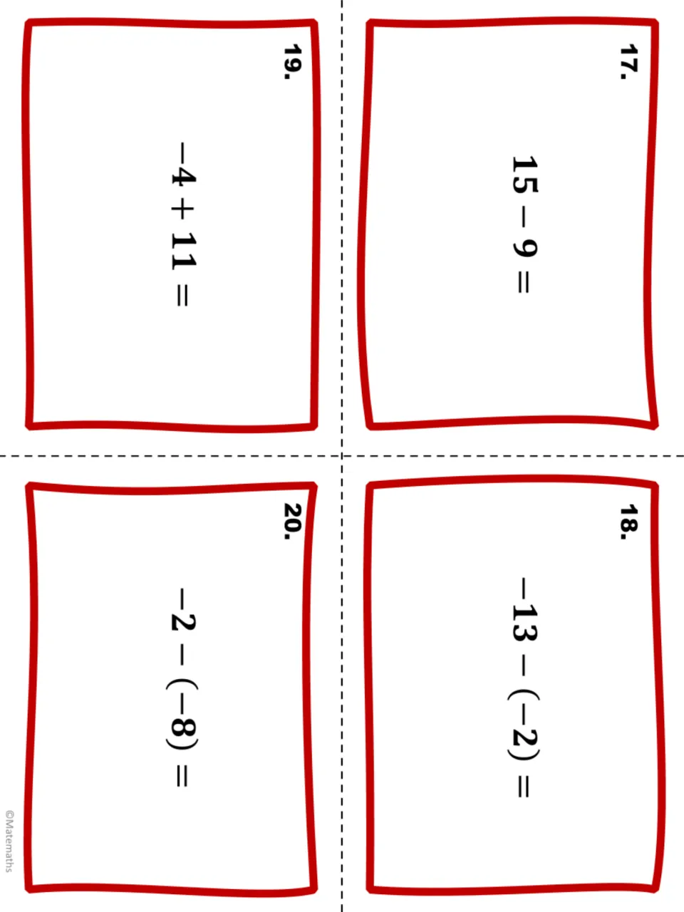 Integer task cards 17 to 20: 15 - 9, -13 - (-2), -4 + 11 and -2 - (-8), the final cards of signed-number sums
