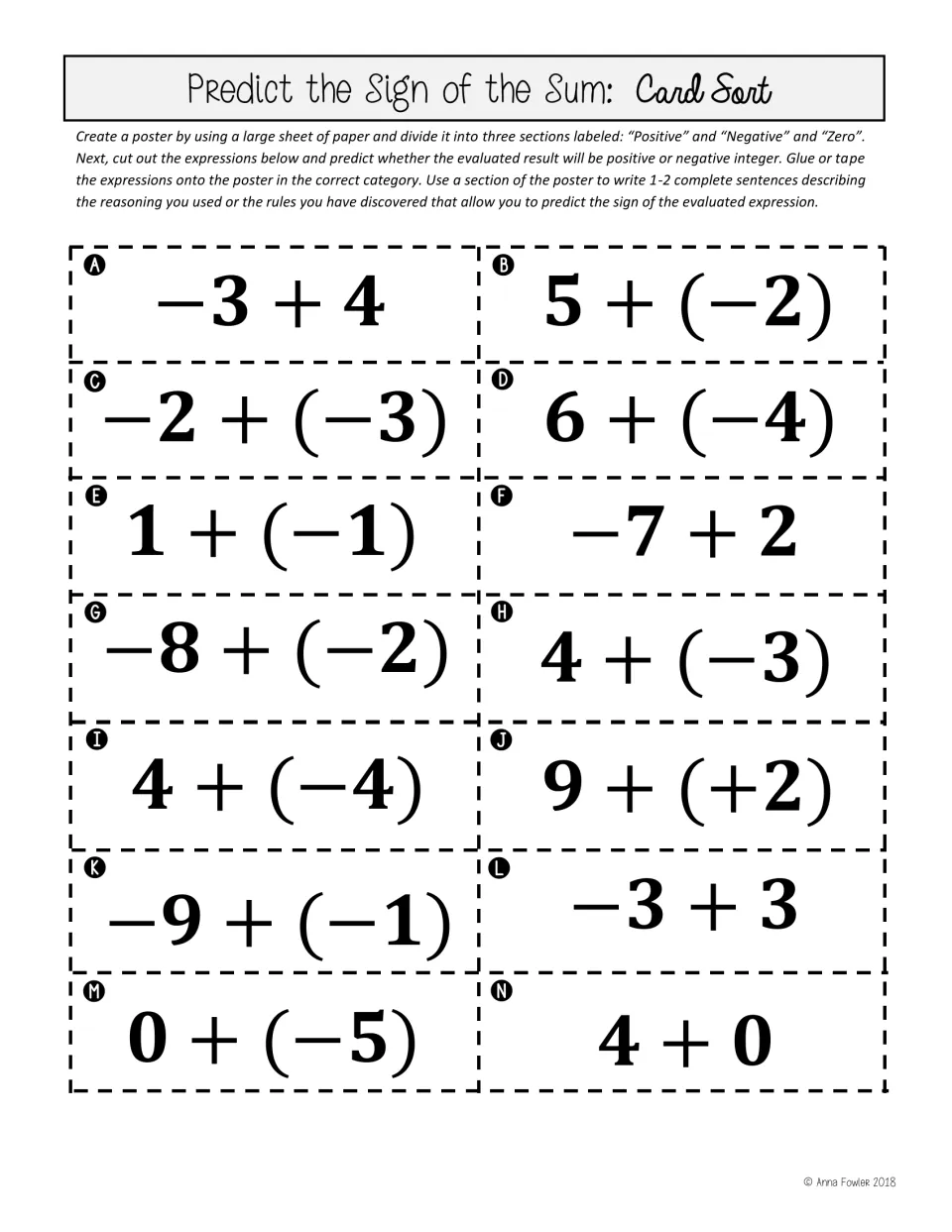 Predict the sign of the sum: students cut out 14 integer addition cards, A to N, and sort as positive, negative or zero