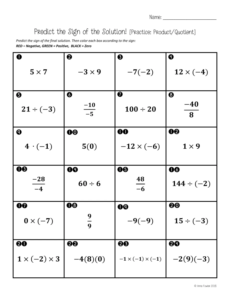 Products and quotients: students predict the sign of 24 items such as -7(-2) and 48/-6, then color red, green or black