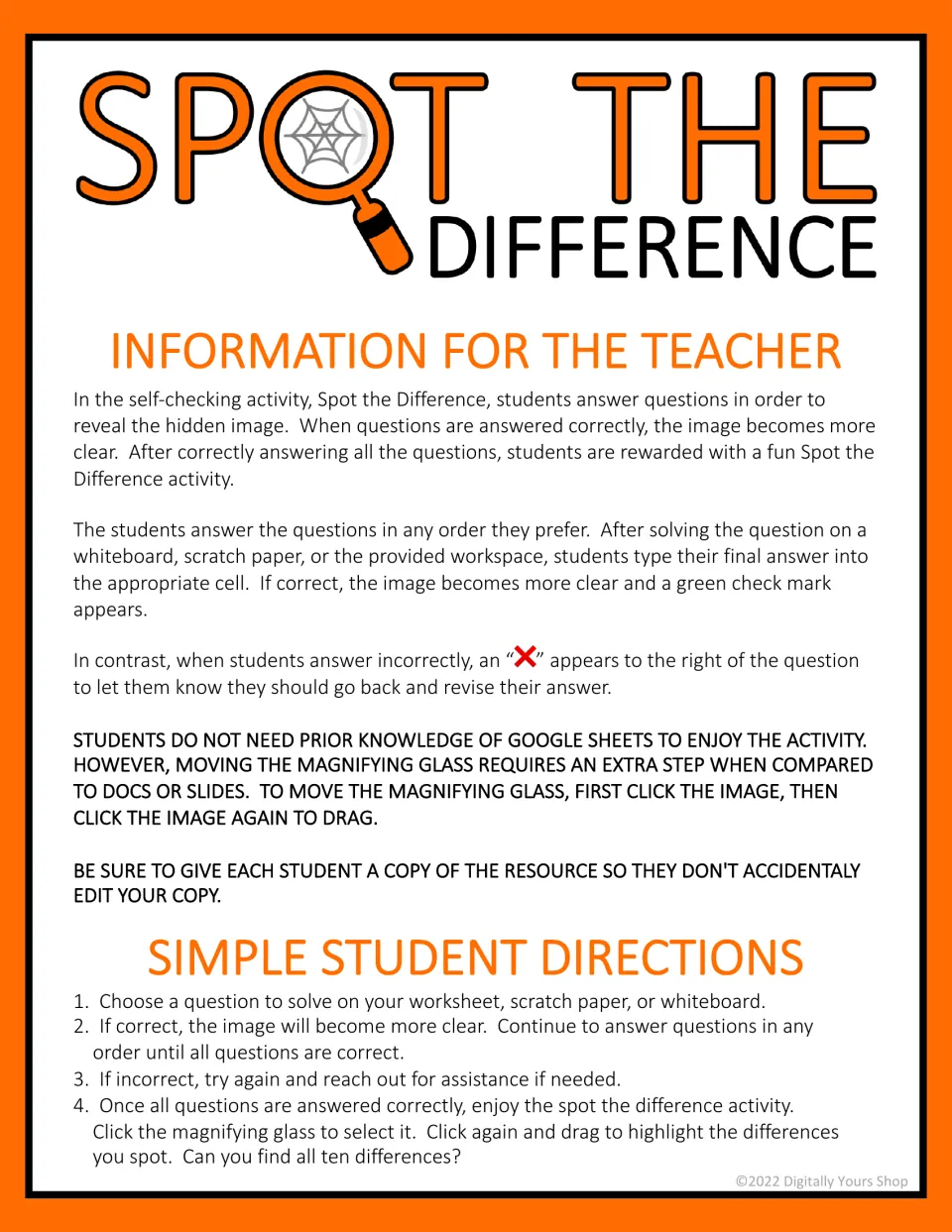 Spot the Difference teacher info: students solve questions to reveal a hidden image, then find ten differences