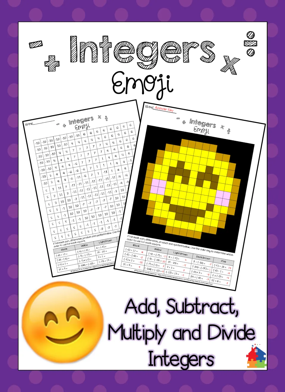 Integers Emoji cover: an add, subtract, multiply and divide integers color-by-number with its smiling emoji answer key