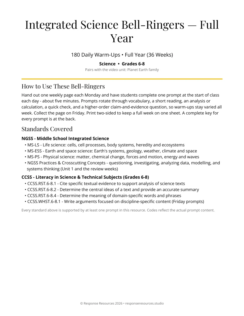 Science bell-ringer cover: 180 daily warm-ups over 36 weeks, grades 6–8, use instructions and standards