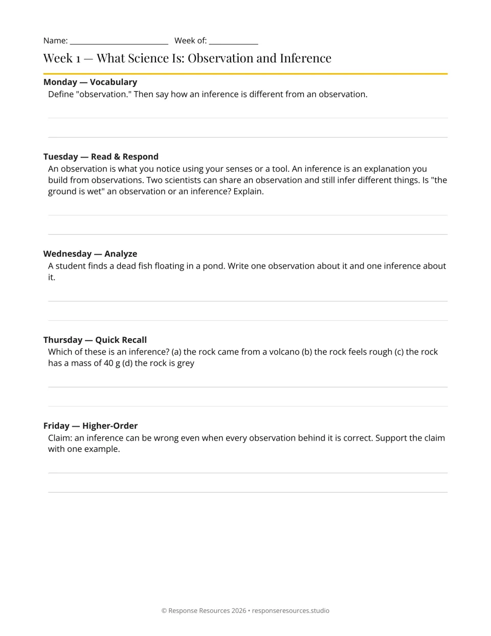 Week 1 science bell-ringers: five prompts on observation and inference, including wet ground and a dead fish