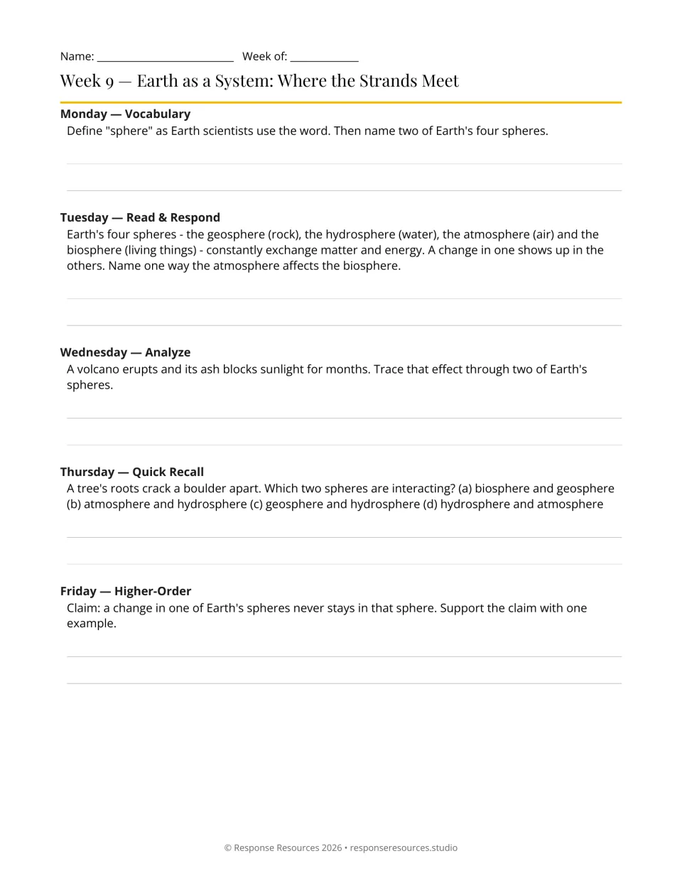 Week 9 science bell-ringers: five prompts on Earth's interacting spheres, volcanic ash and tree roots