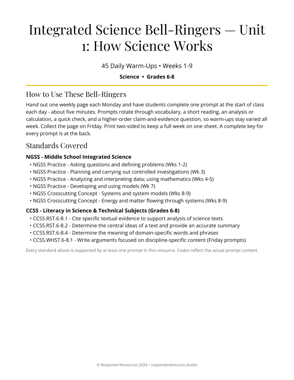 Science bell-ringer cover introducing 45 warm-ups for weeks 1–9, with teacher directions and standards