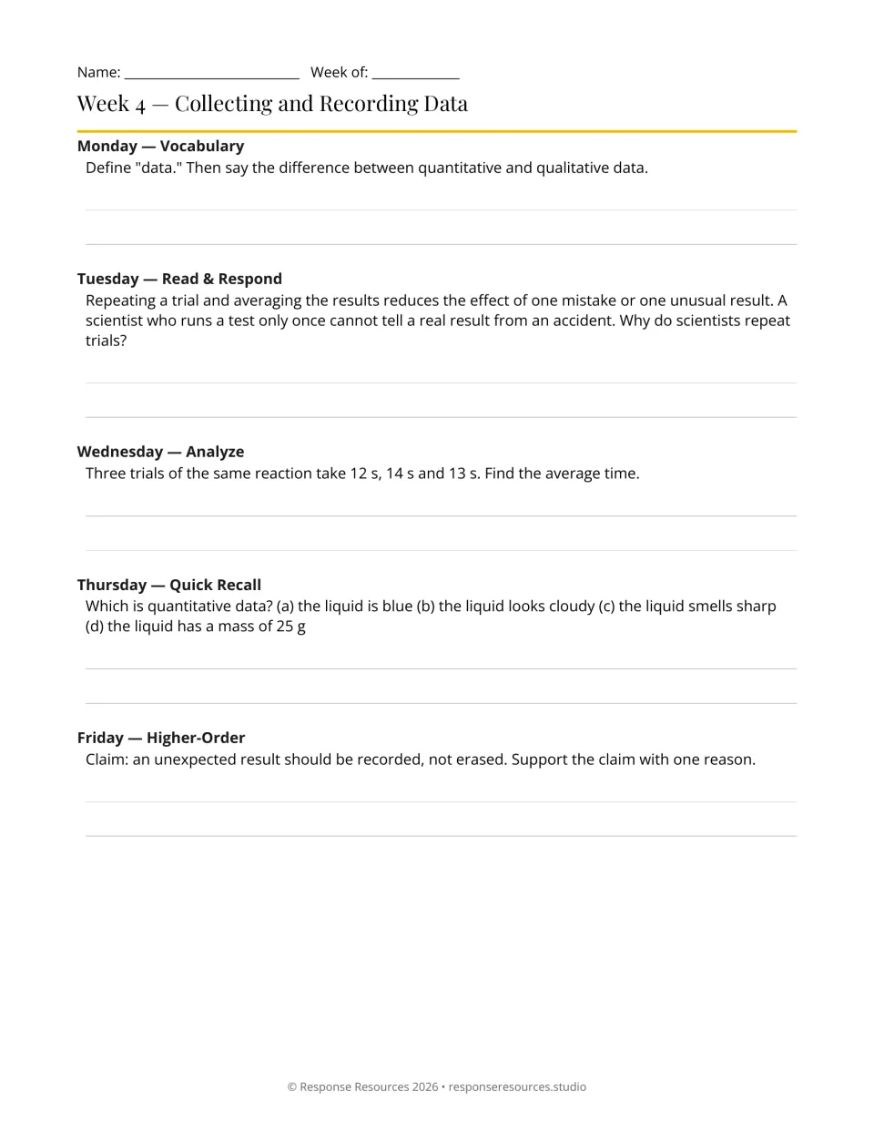 Week 4 science bell-ringers on data types, repeated trials, and averaging reaction times of 12, 14, and 13 seconds