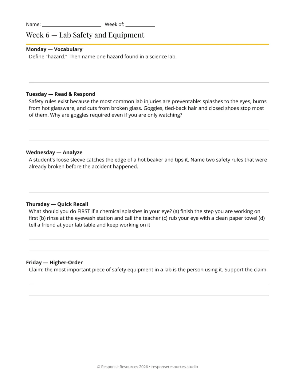 Week 6 science bell-ringers on lab hazards, goggles, a tipped hot beaker, and responding to an eye splash