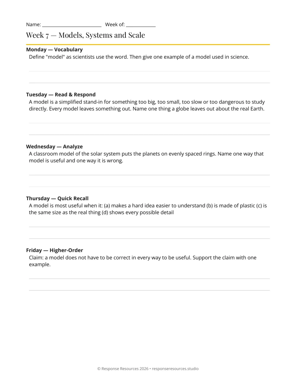 Week 7 science bell-ringers on models and their limitations, using a globe and a solar system model