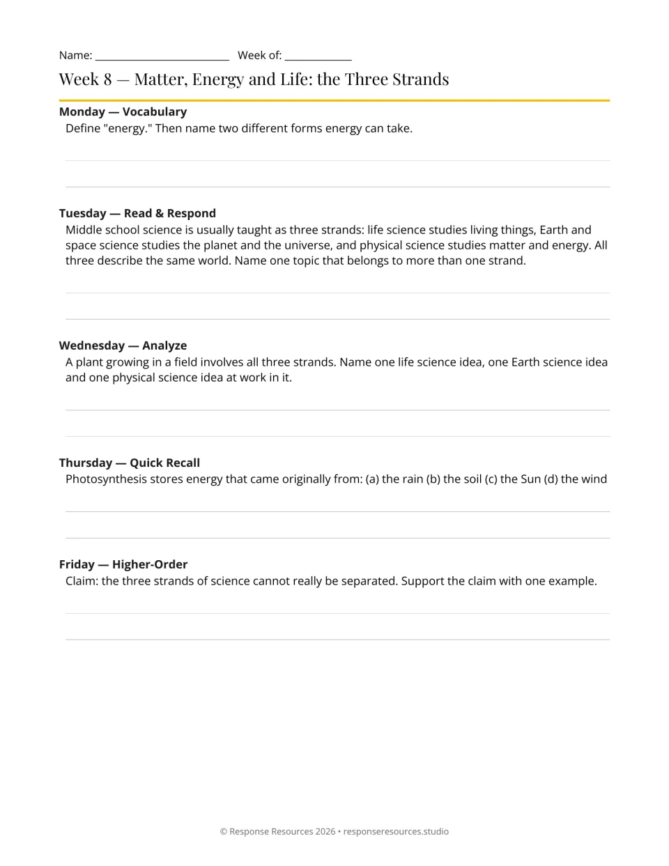 Week 8 science bell-ringers connecting life, Earth, and physical science through plant growth and energy